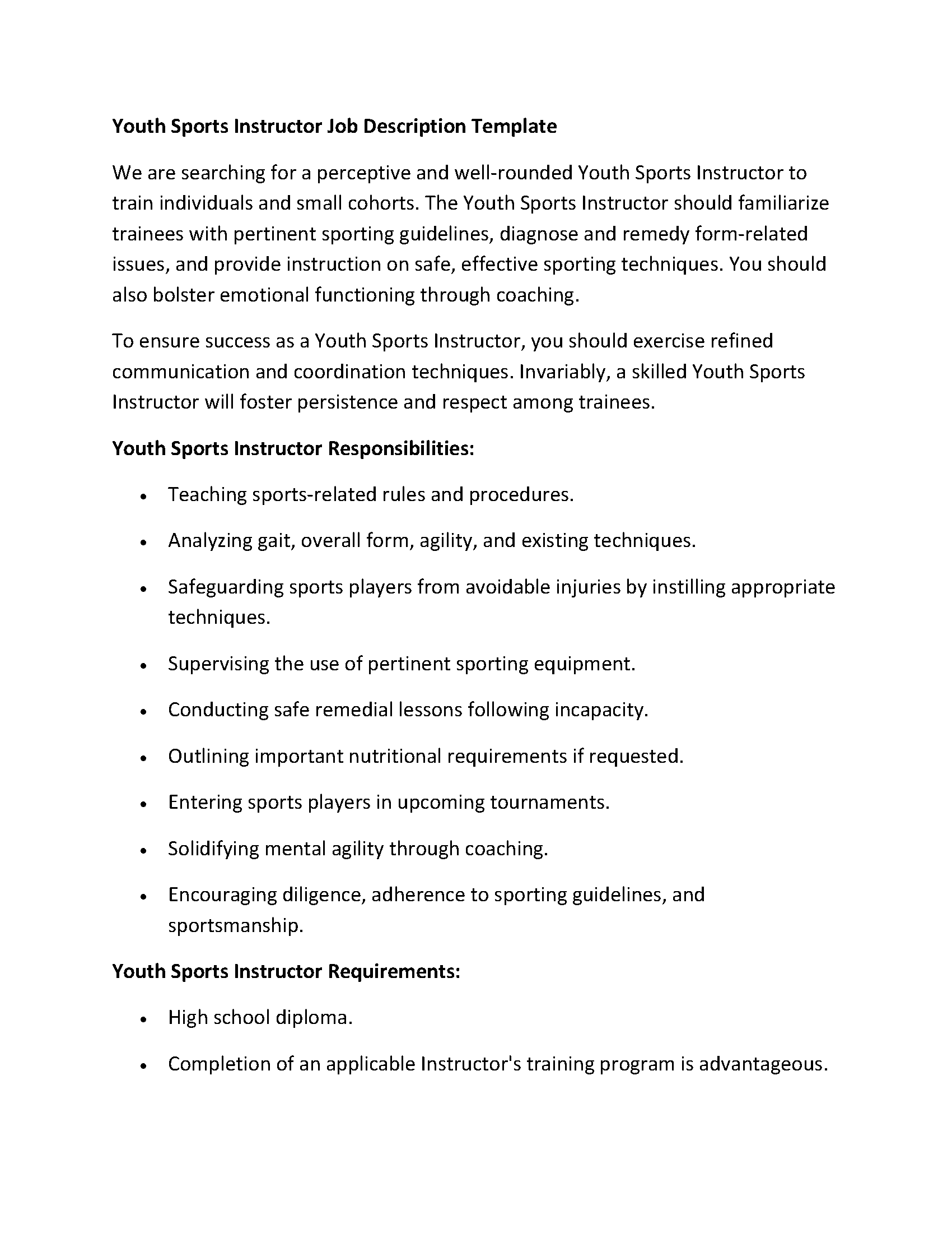 Youth Sports Instructor Job Description Template
